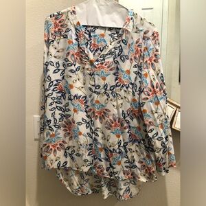 Daniel Rainn Blue and Orange Bell Sleeve Hi Low Blouse
